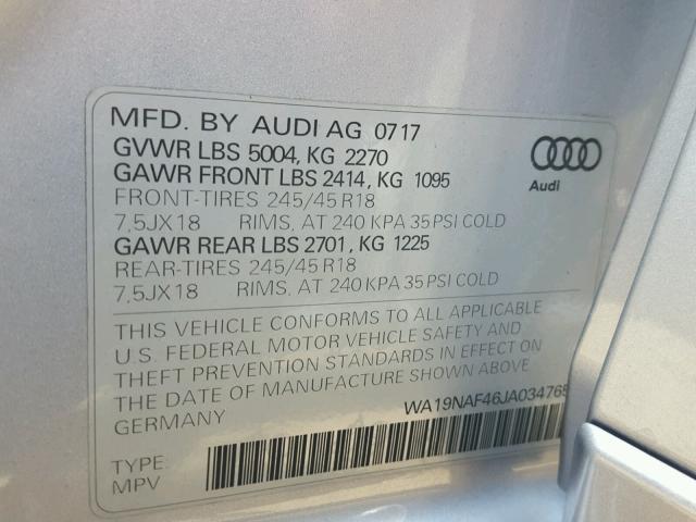 WA19NAF46JA034765 - 2018 AUDI A4 ALLROAD SILVER photo 10