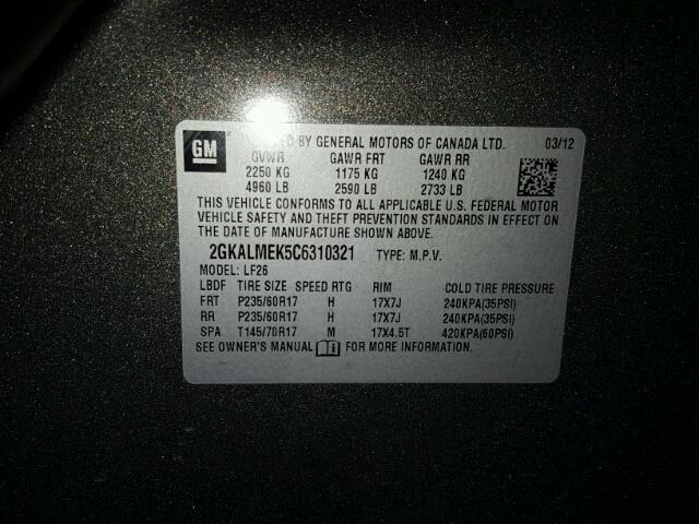 2GKALMEK5C6310321 - 2012 GMC TERRAIN SL CHARCOAL photo 10