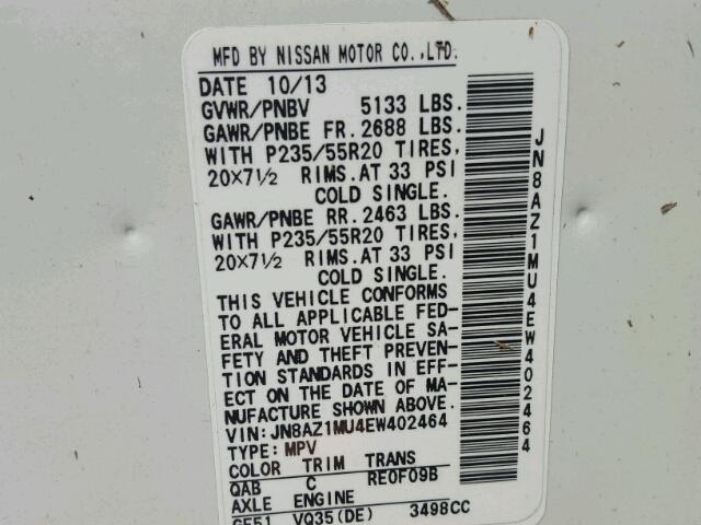 JN8AZ1MU4EW402464 - 2014 NISSAN MURANO S WHITE photo 10