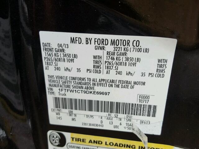 1FTFW1CT9DKE69697 - 2013 FORD F150 BLACK photo 10