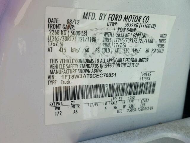 1FT8W3AT0CEC70851 - 2012 FORD F350 WHITE photo 10