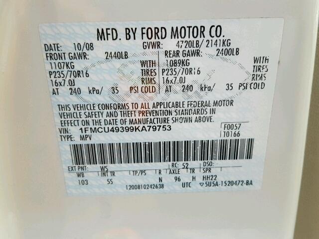 1FMCU49399KA79753 - 2009 FORD ESCAPE WHITE photo 10