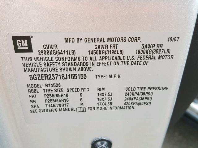 5GZER23718J165155 - 2008 SATURN OUTLOOK XR 灰色 照片 10