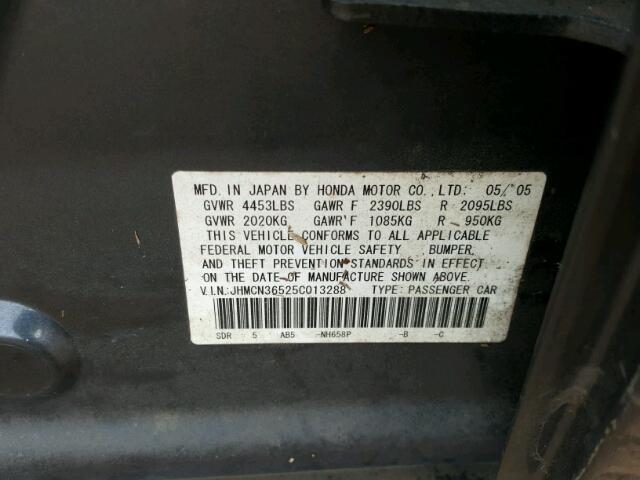 JHMCN36525C013288 - 2005 HONDA ACCORD GRAY photo 10