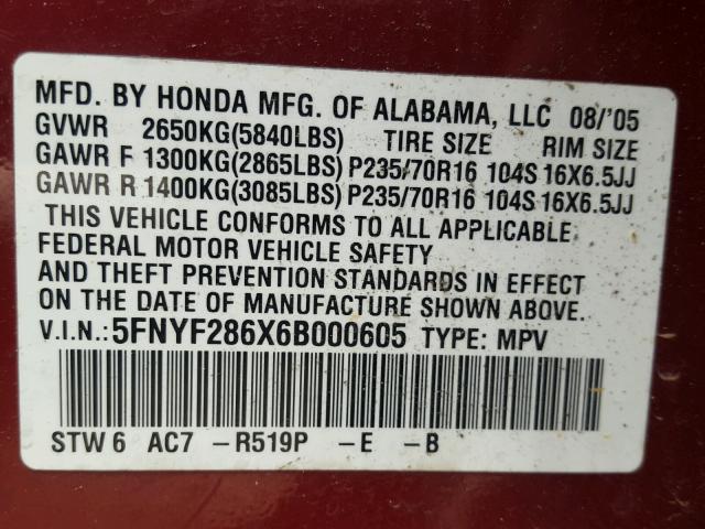 5FNYF286X6B000605 - 2006 HONDA PILOT EX RED photo 10