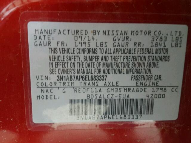 3N1AB7AP6EL683337 - 2014 NISSAN SENTRA S RED photo 10