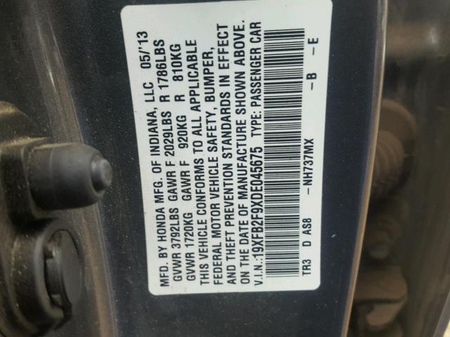 19XFB2F9XDE045675 - 2013 HONDA CIVIC EXL 灰色 照片 10