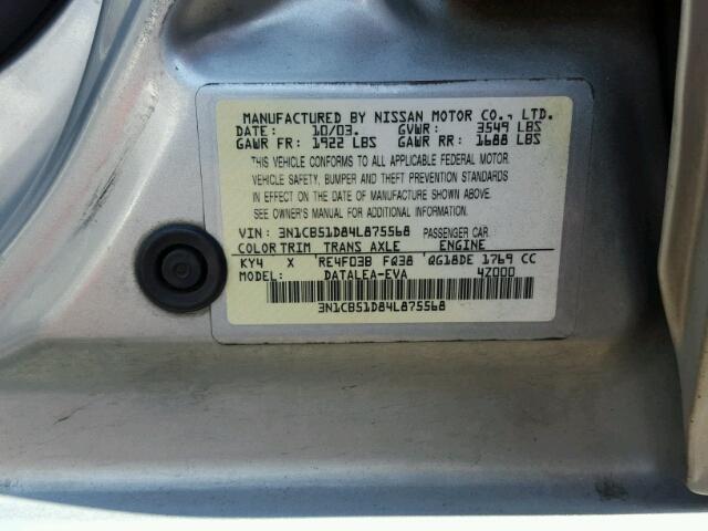 3N1CB51D84L875568 - 2004 NISSAN SENTRA 1.8 GRAY photo 10