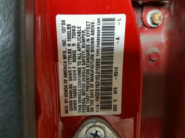 1HGES16315L015993 - 2005 HONDA CIVIC DX V RED photo 10