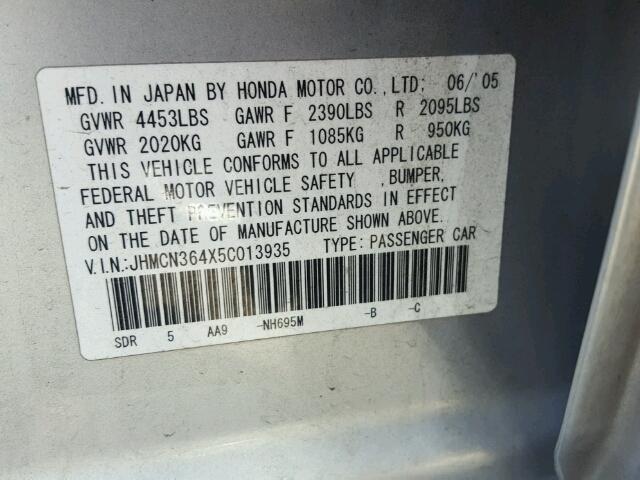 JHMCN364X5C013935 - 2005 HONDA ACCORD HYB SILVER photo 10