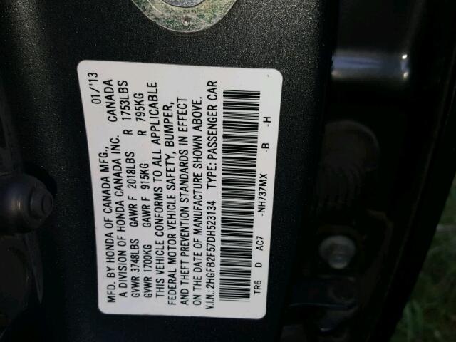 2HGFB2F57DH523134 - 2013 HONDA CIVIC GRAY photo 10