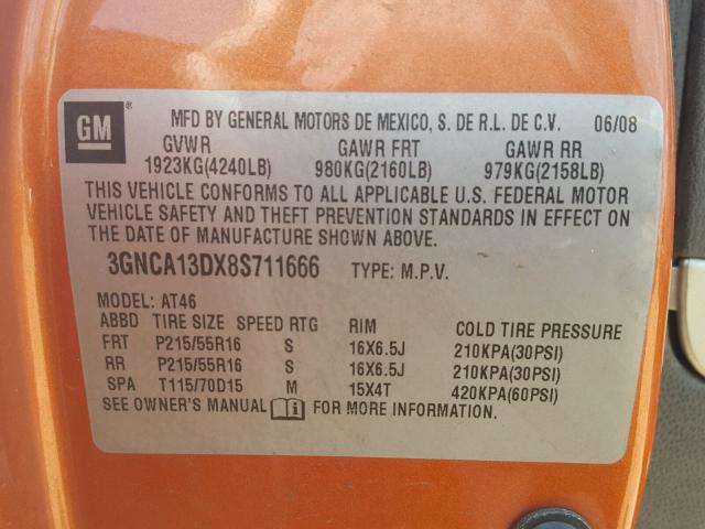 3GNCA13DX8S711666 - 2008 CHEVROLET HHR LS ORANGE photo 10
