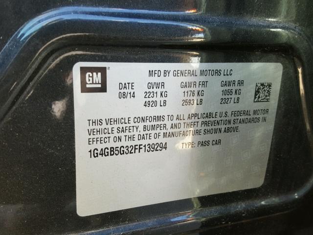 1G4GB5G32FF139294 - 2015 BUICK LACROSSE CHARCOAL photo 10