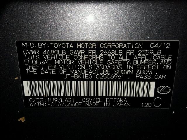 JTHBK1EG1C2506961 - 2012 LEXUS ES CHARCOAL photo 10