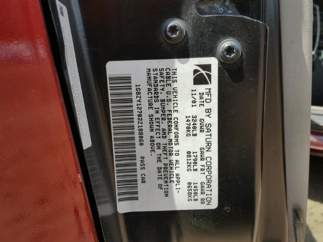 1G8ZY12702Z188060 - 2002 SATURN SC2 BURGUNDY photo 10