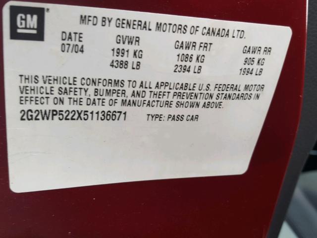 2G2WP522X51136671 - 2005 PONTIAC GRAND PRIX MAROON photo 10