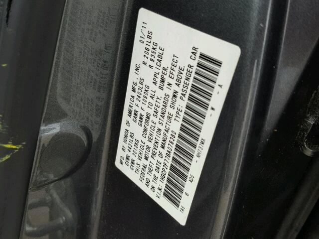 1HGCP2F77BA078380 - 2011 HONDA ACCORD EX GRAY photo 10