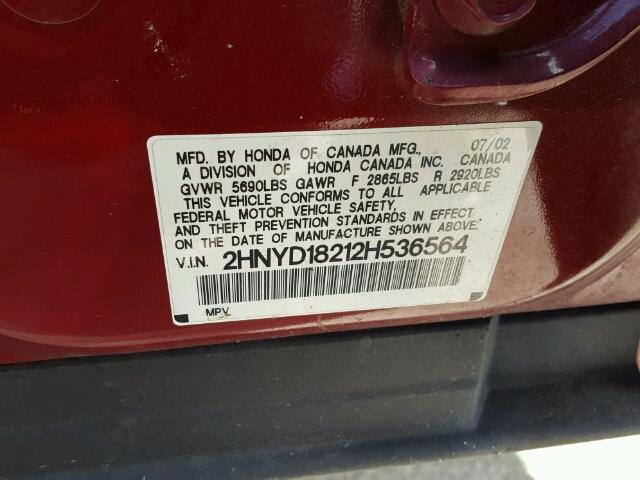 2HNYD18212H536564 - 2002 ACURA MDX BURGUNDY photo 10