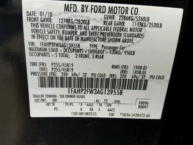 1FAHP2FW3AG139558 - 2010 FORD TAURUS LIM CHARCOAL photo 10