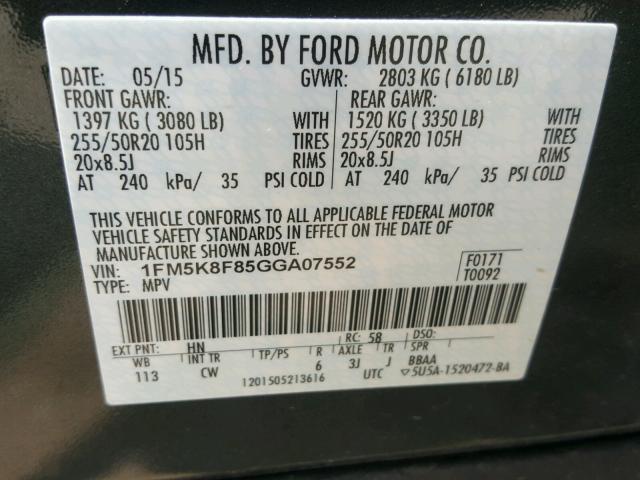 1FM5K8F85GGA07552 - 2016 FORD EXPLORER L GRAY photo 10