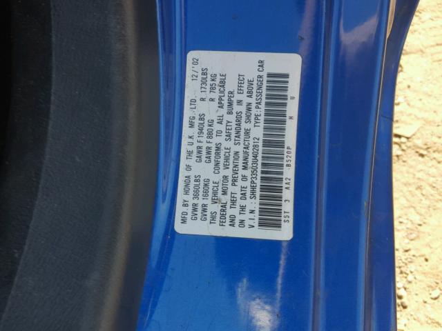 SHHEP33503U402812 - 2003 HONDA CIVIC SI BLUE photo 10