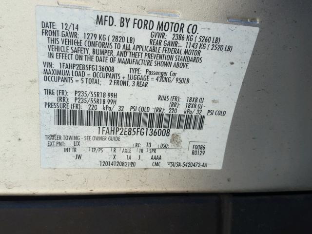 1FAHP2E85FG136008 - 2015 FORD TAURUS SEL SILVER photo 10