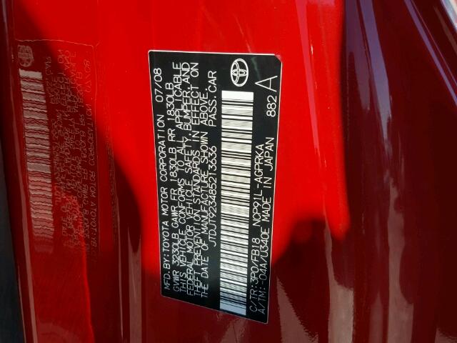 JTDJT923485213636 - 2008 TOYOTA YARIS RED photo 10