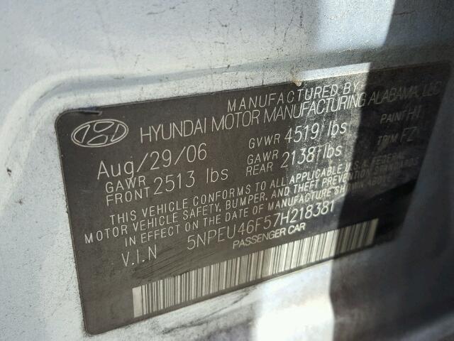 5NPEU46F57H218381 - 2007 HYUNDAI SONATA SE GRAY photo 10