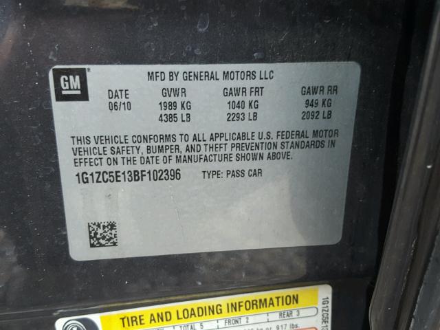 1G1ZC5E13BF102396 - 2011 CHEVROLET MALIBU 1LT შავი ფოტო 10