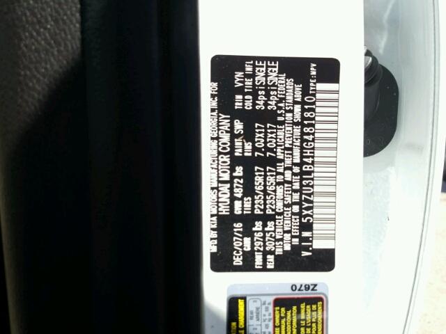 5XYZU3LB4HG481810 - 2017 HYUNDAI SANTA FE S 白色 照片 10