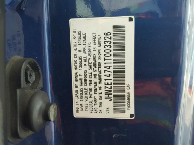 JHMZE14741T003326 - 2001 HONDA INSIGHT BLUE photo 10