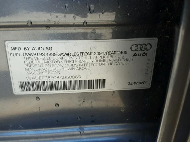 WAUEF78E08A050865 - 2008 AUDI A4 S-LINE GRAY photo 10