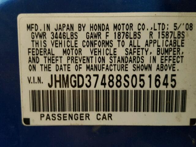 JHMGD37488S051645 - 2008 HONDA FIT BLUE photo 10