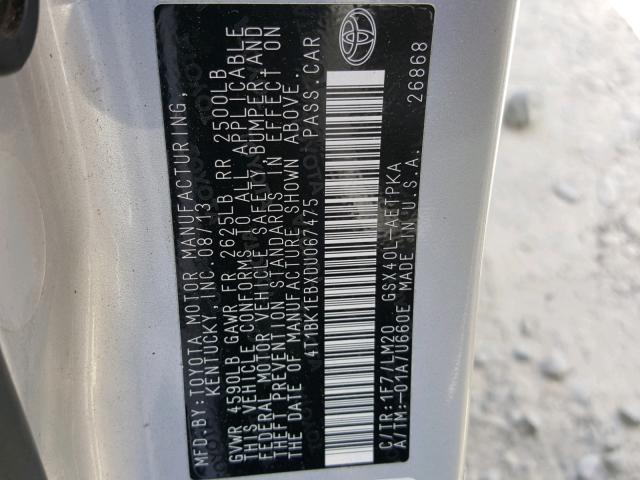 4T1BK1EBXDU067475 - 2013 TOYOTA AVALON BAS SILVER photo 10