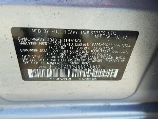 JF2GPACC5DH839902 - 2013 SUBARU XV CROSSTR GRAY photo 10