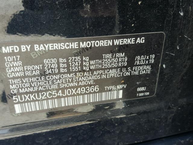 5UXKU2C54J0X49366 - 2018 BMW X6 XDRIVE3 BLACK photo 10