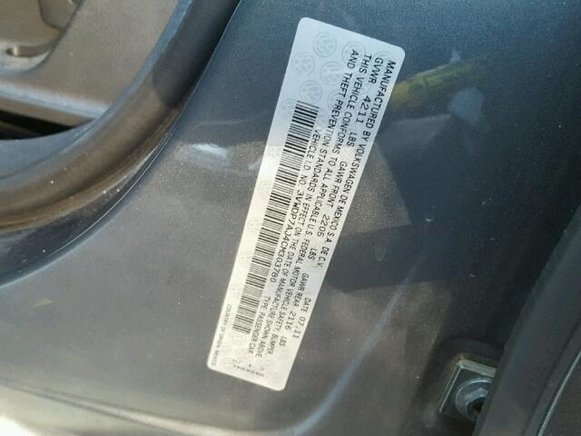 3VWDP7AJ4CM303780 - 2012 VOLKSWAGEN JETTA SE GRAY photo 10