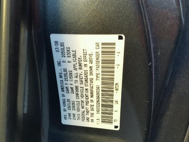 1HGCS22849A000341 - 2009 HONDA ACCORD EXL GRAY photo 10