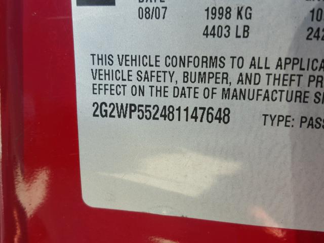 2G2WP552481147648 - 2008 PONTIAC GRAND PRIX RED photo 10