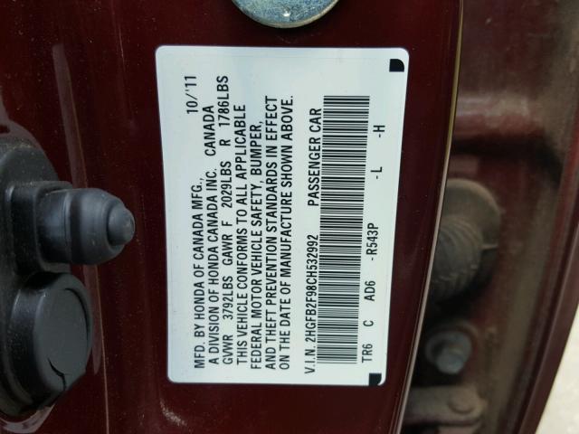 2HGFB2F98CH532992 - 2012 HONDA CIVIC EXL 勃艮第红 照片 10