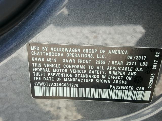 1VWDT7A32HC081276 - 2017 VOLKSWAGEN PASSAT R-L 灰色 照片 10