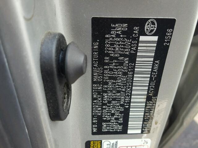 4T1BE32K25U086112 - 2005 TOYOTA CAMRY SILVER photo 10