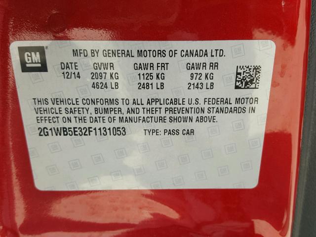 2G1WB5E32F1131053 - 2015 CHEVROLET IMPALA LIM RED photo 10