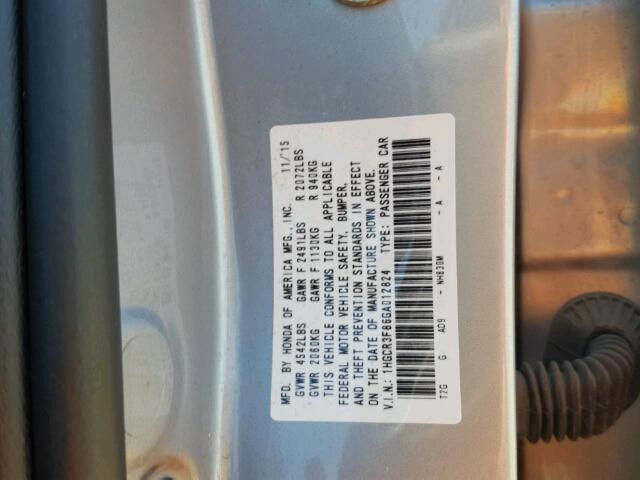 1HGCR3F86GA012824 - 2016 HONDA ACCORD EXL SILVER photo 10