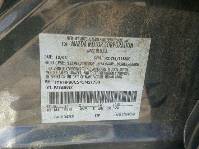 1YVHP80C245N21733 - 2004 MAZDA 6 I GRAY photo 10