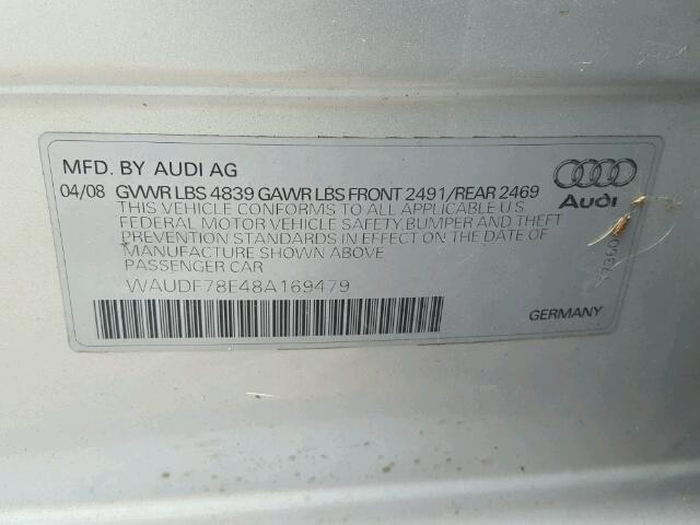 WAUDF78E48A169479 - 2008 AUDI A4 2.0T QU SILVER photo 10