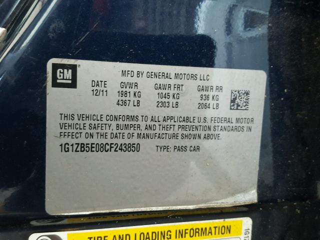 1G1ZB5E08CF243850 - 2012 CHEVROLET MALIBU LS BLUE photo 10