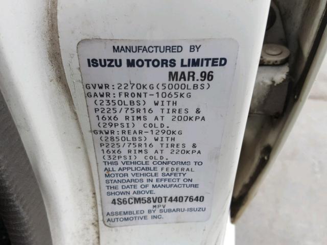 4S6CM58V0T4407640 - 1996 HONDA PASSPORT E 白色 照片 10