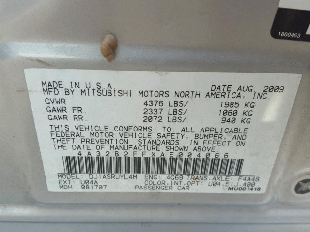 4A32B2FFXAE004066 - 2010 MITSUBISHI GALANT FE SILVER photo 10