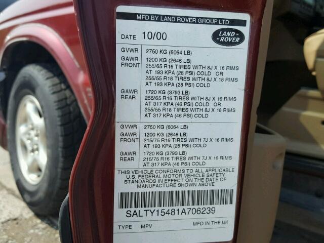 SALTY15481A706239 - 2001 LAND ROVER DISCOVERY RED photo 10
